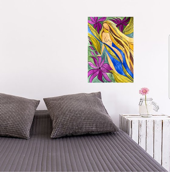 Flower Head Faceless Woman Original Painting