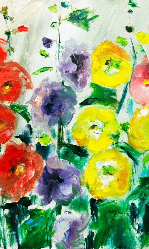 Abstract Floral painting colorful Mallow by Anna Lubchik