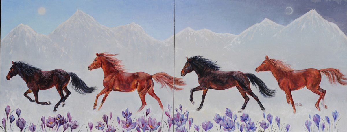 Impressionistic Animal Oil Painting By Elina Vetrova, 63 X 24, Leap Into Spring/Horses, Original Artwork