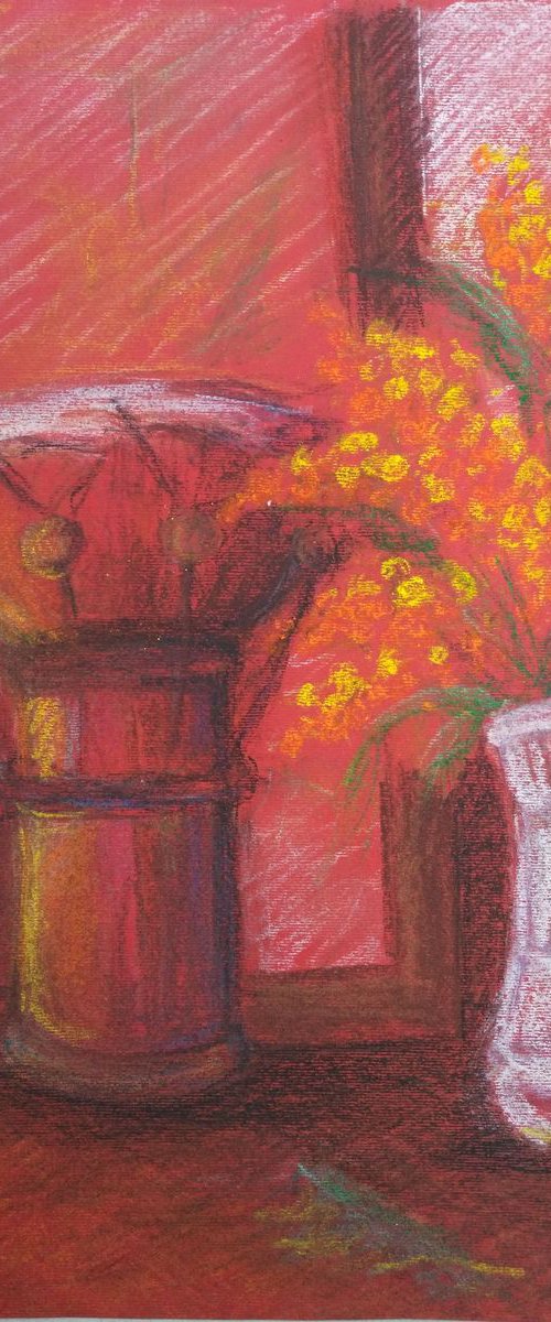 flowers and tam-tam drum in red by Sara Radosavljevic