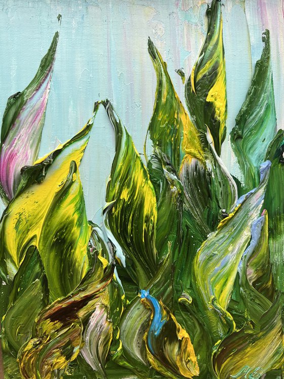 GREEN LEAVES - Small Art. Mini Art.  Impasto Original Art