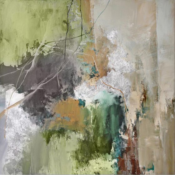 "Olive Hill 2" Green silver abstract art