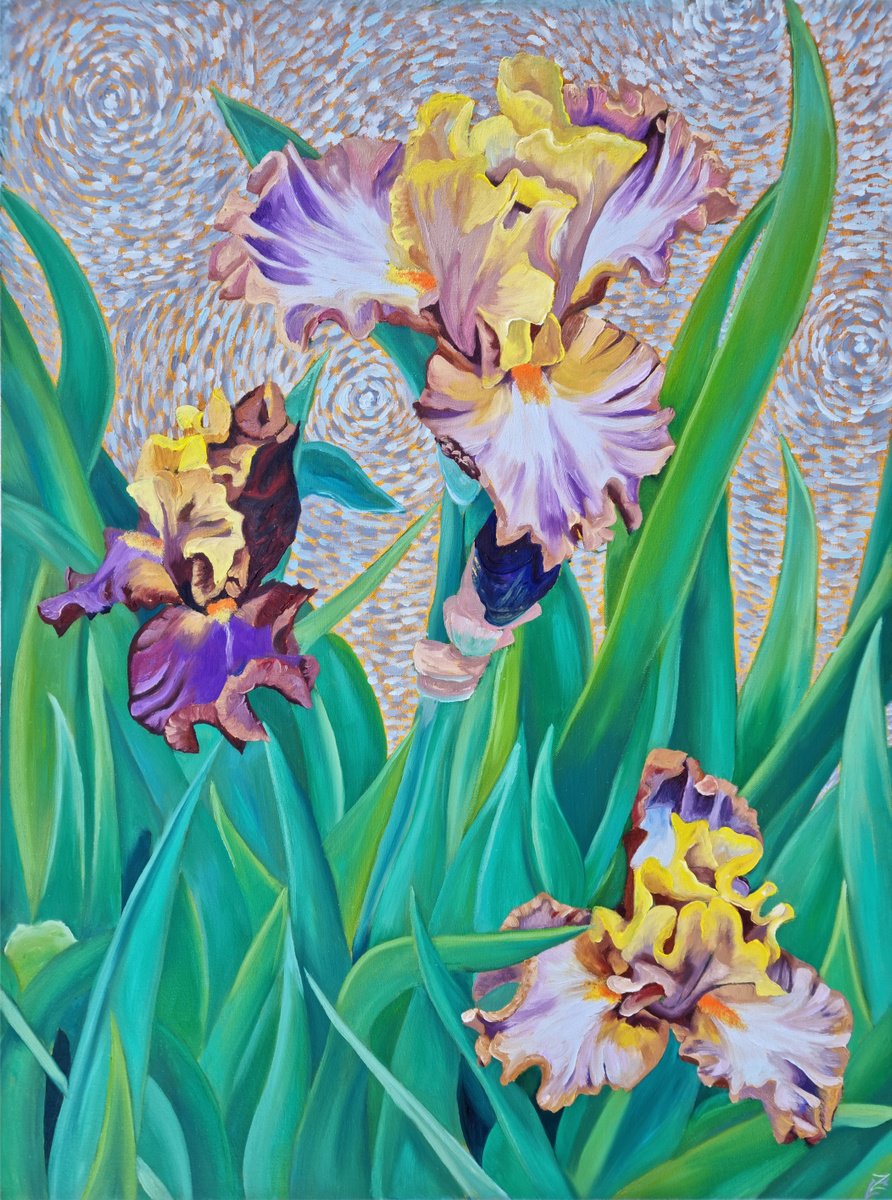 Impressionistic Botanical Oil Painting By Zulfiya Mukhamadeyeva, 24 X 31", Party Rock Iris, Original Artwork