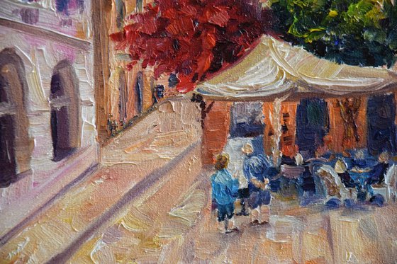 Greece old town OIL PAINTING on canvas, Europe cityscape