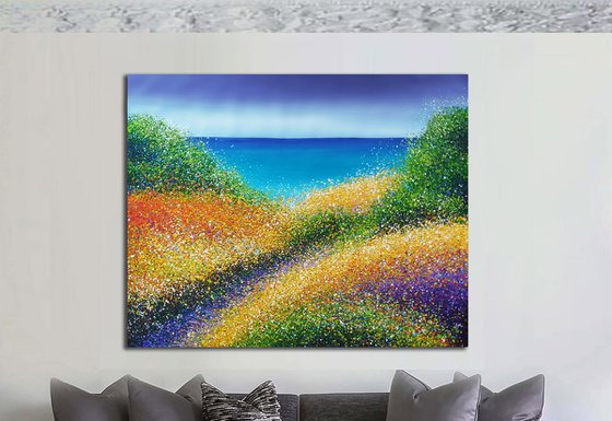 Large painting Seascape and dunes Summer colors Sea and beach Path to the sea Bright landscape