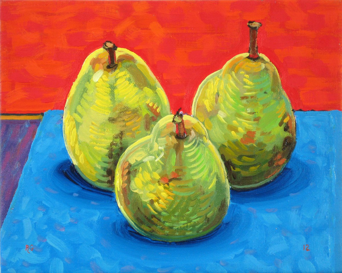 Still Life Oil Painting By Richard Gibson, 10 X 8", Three Pears, Original Artwork