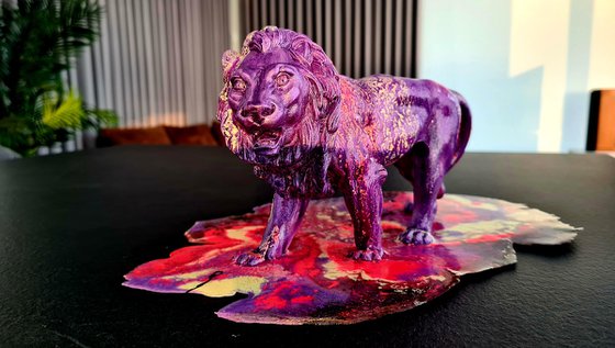 Lion walking through color