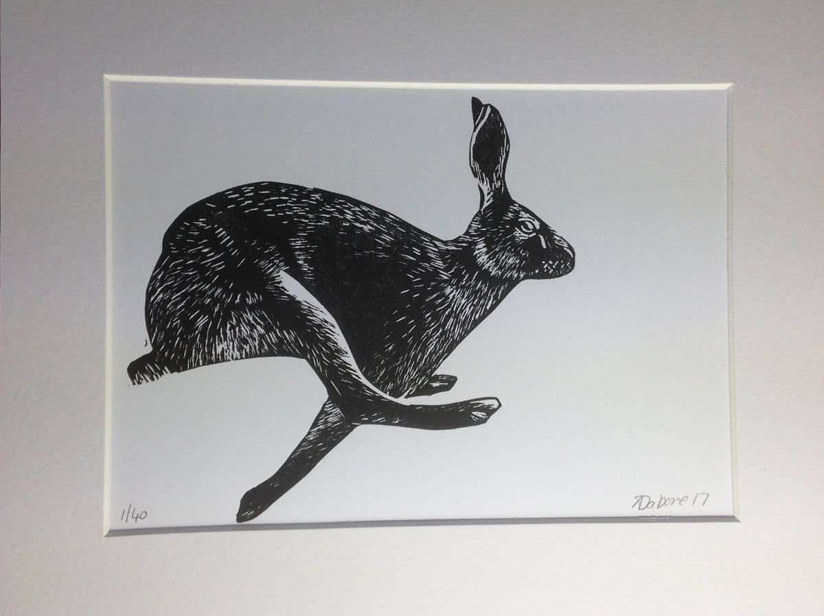 Running Hare Linocut, Printed in Dark Brown (nearer to Black), Mounted by Alex Jabore
