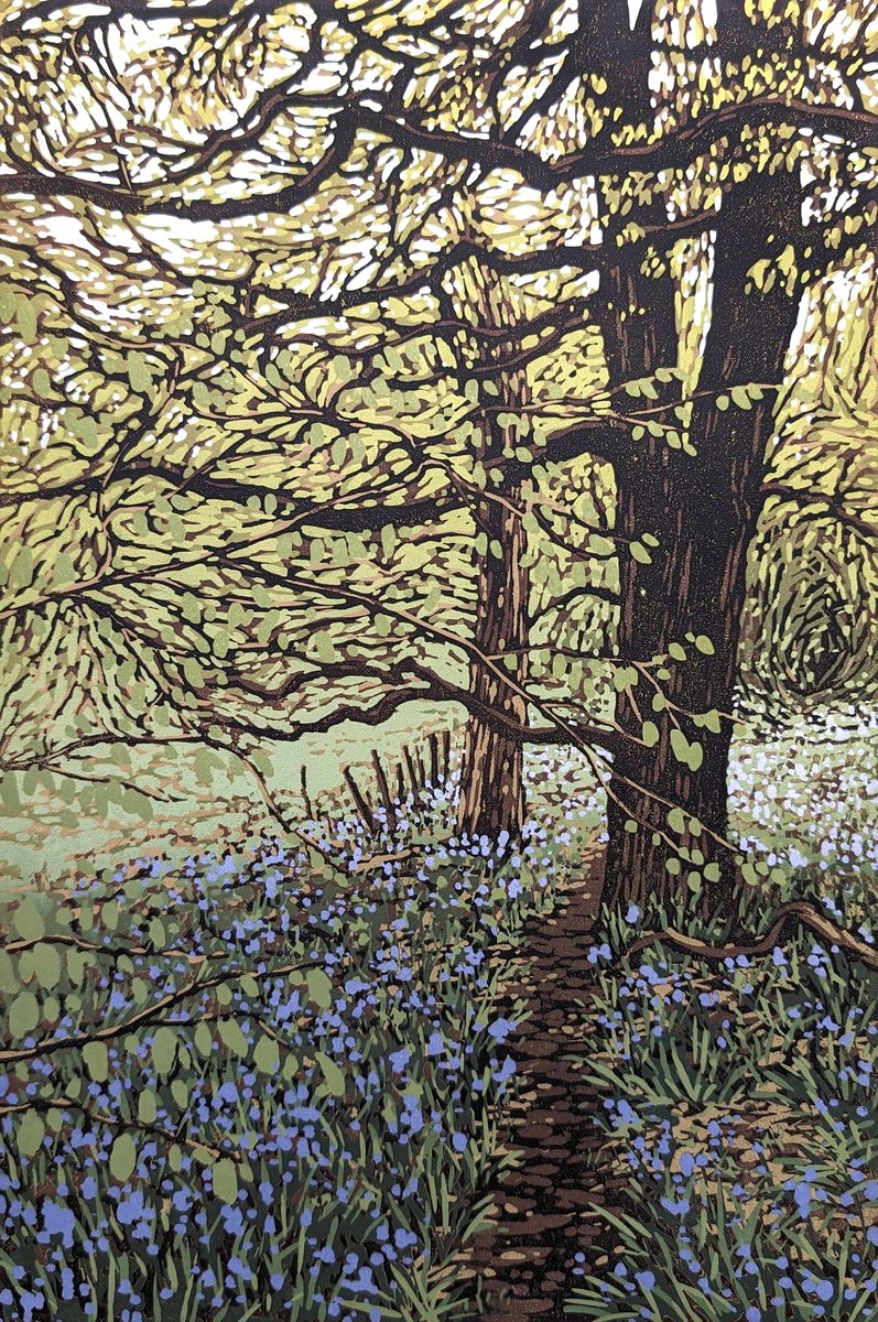 Impressionistic Landscape Linocut By Alexandra Buckle, 10 X 14, Bluebell Memories, Original Artwork