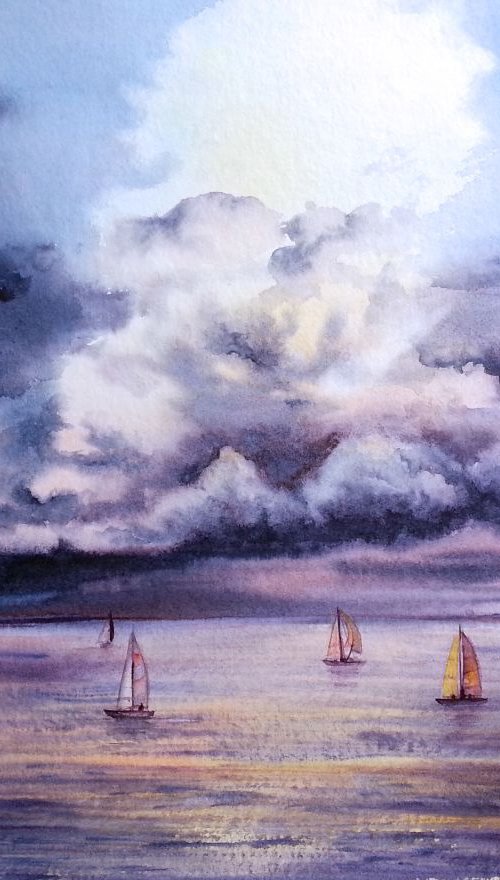 Seascape - Sail boats - Sea Su by Olga Beliaeva Watercolour
