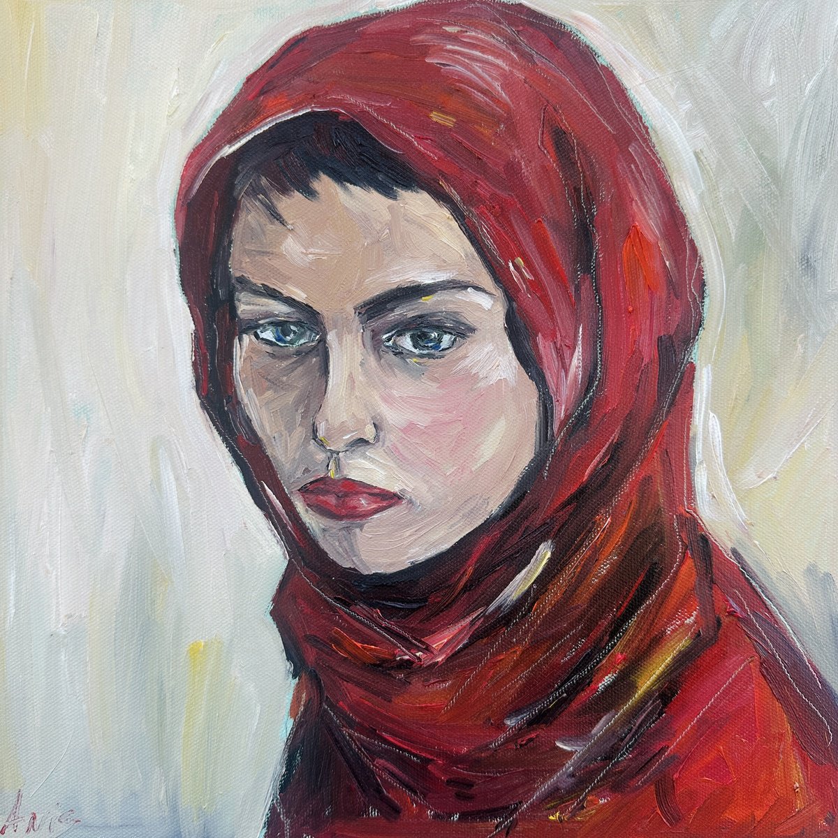 Impressionistic Portrait Oil Painting By Irina Anis, 12 X 12, Woman In A Red Headscarf, Original Artwork