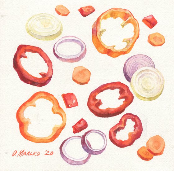 Veggies 4. Rings / Original bright watercolor. Vegetables still life. Kitchen picture