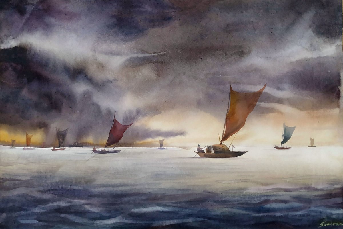 Impressionistic Landscape Watercolour By Samiran Sarkar, 22 X 15", Stormy River & Boats, Original Artwork