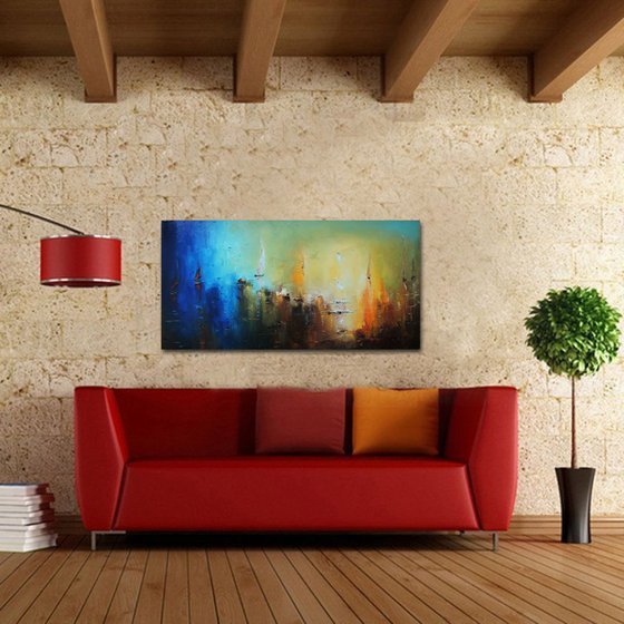 Lunar Boats 3, Abstract landscape painting, free shipping