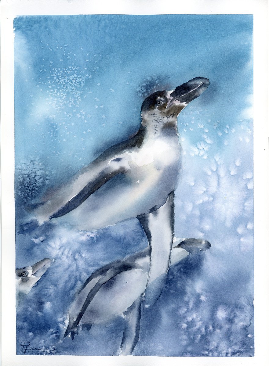 Expressive Animal Watercolour By Olga Tchefranov (Shefranov), 10 X 14", Penguins Underwater, Original Artwork