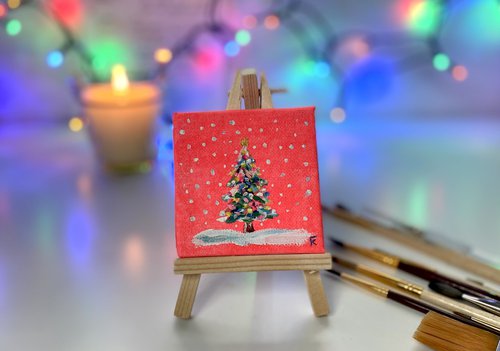 Christmas tree original mini acrylic painting on canvas, New Year pine tree picture on easel by Kate Grishakova