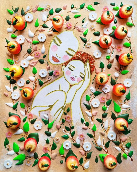 Love Mother Earth and child. Tree of life fall autumn apple tree woman portrait