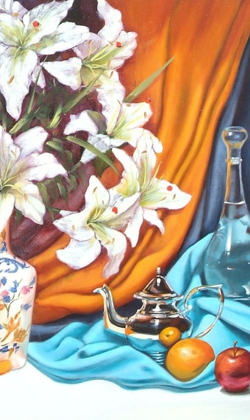 Lillies with silver coffee pot and water carafe by mauro ispani