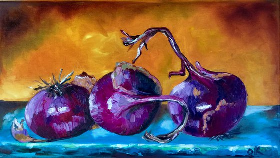 STILL LIFE WITH  RED ONIONS HOME DECOR purple blue and yellow