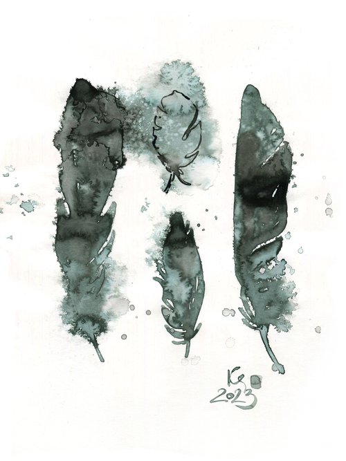 "Four bird feathers" abstract composition in ink monochrome gray-blue-green tones by Ksenia Selianko