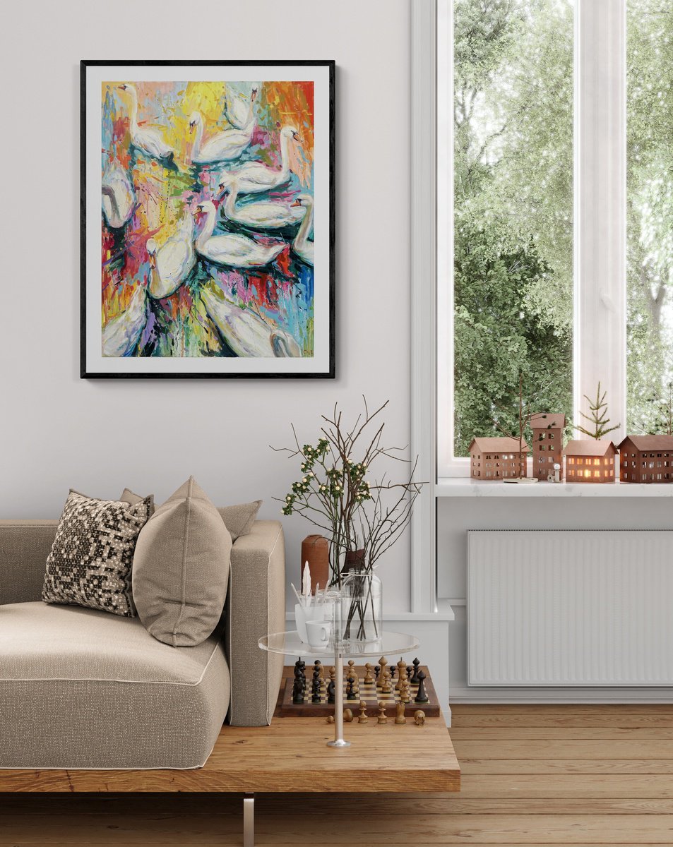 Abstract Animal Oil Painting By Evgeny Chernyakovsky, 27 X 35, White Swans, Original Artwork