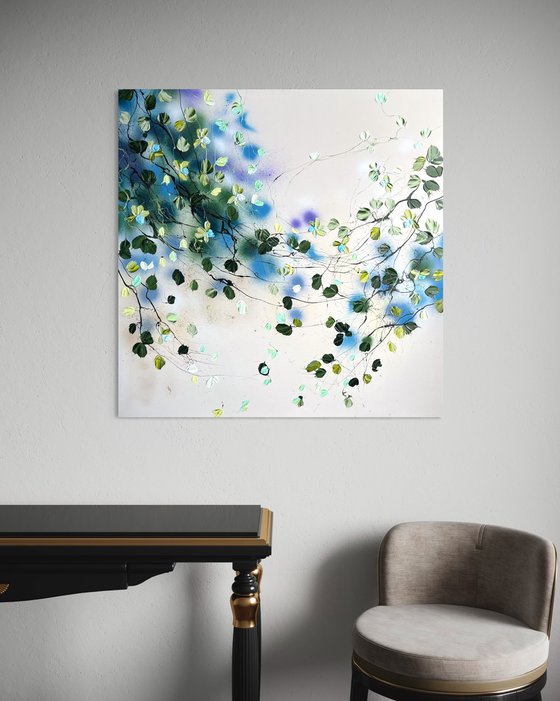 Square acrylic floral painting „Tranquility and Balance”