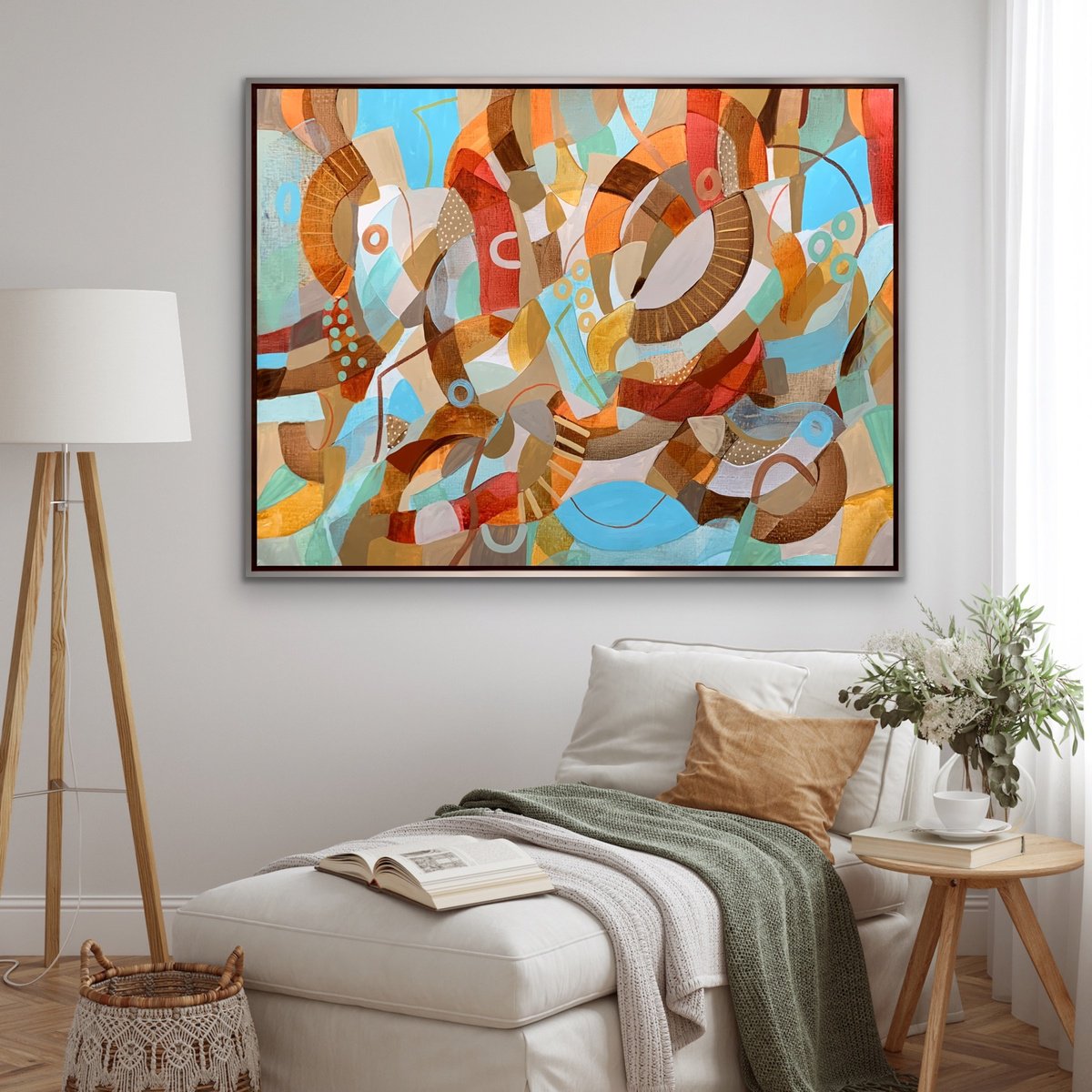 Organic Abstract Acrylic Painting By Rashna Hackett, 51 X 40", The Sun Is Up! The Sky Is Blue!, Original Artwork