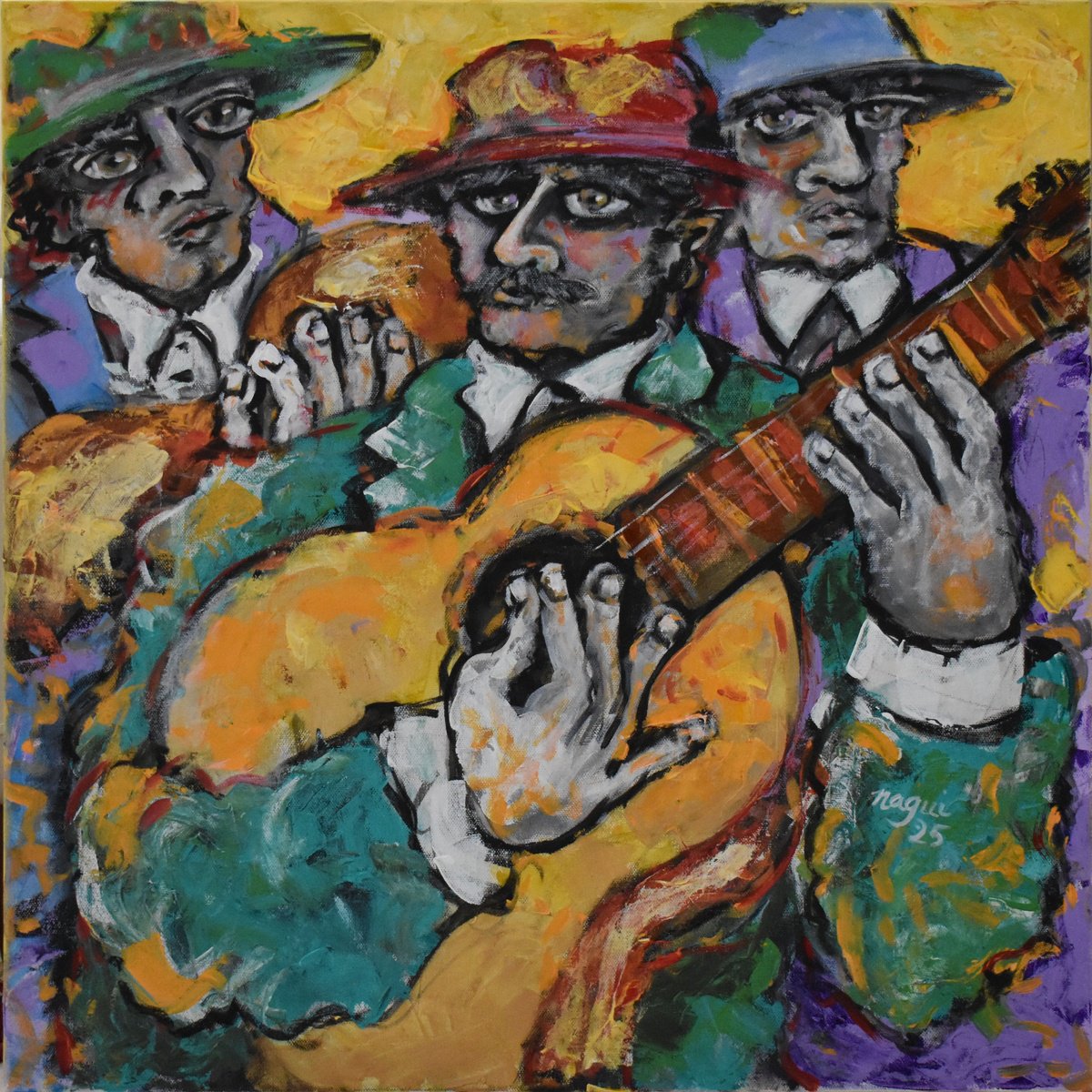 Expressive Portrait Acrylic Painting By Nagui, 24 X 24", Three Guitarists 2025, Original Artwork