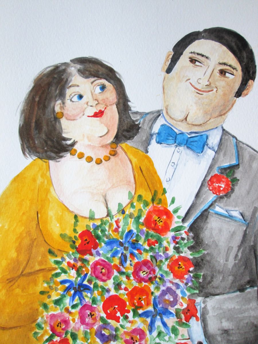 Impressionistic Portrait Watercolour By Marjansart, 9 X 12", Happy Couple With Flowers, Original Artwork