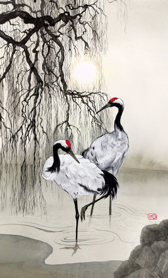 Couple Japanese Red Crowned Cranes - weeping willow tree