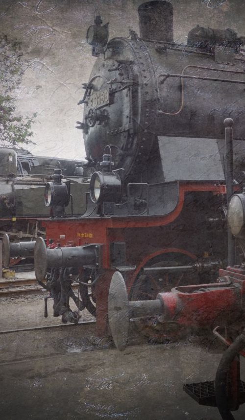 Old steam trains in the depot 2 - print on canvas 60x80x4cm by Kuebler