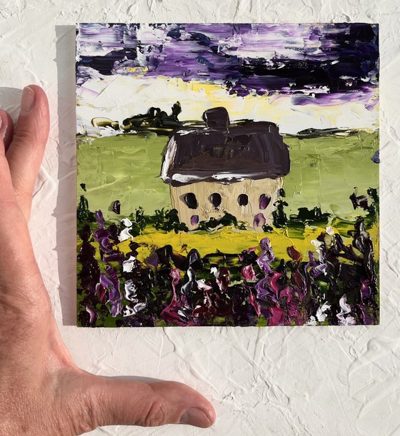Tuscany. Cottage in lavender field. Original oil impasto painting