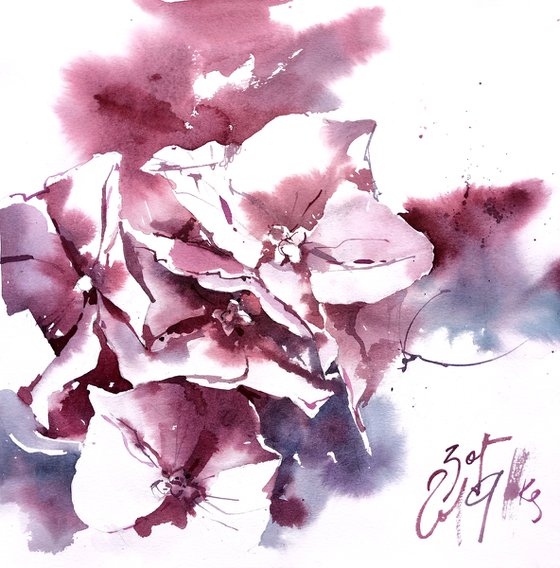 "Expressive twilight hydrangea" original watercolor artwork in square format