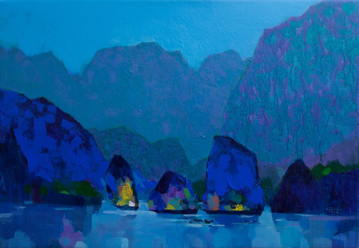 Expressive Landscape Acrylic Painting By The Khanh Bui, 39 X 28", Ha Long Bay No.77, Original Artwork