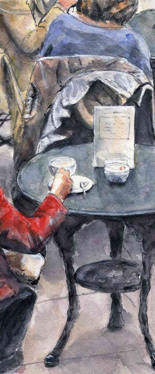 Man in the Red Jacket - Watercolour Painting Cafe Original Art by Neil Wrynne