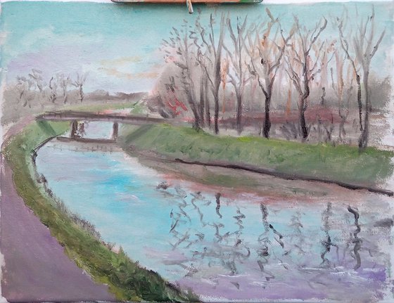 The warm winter. One of the Netherlands canals. Plein Air