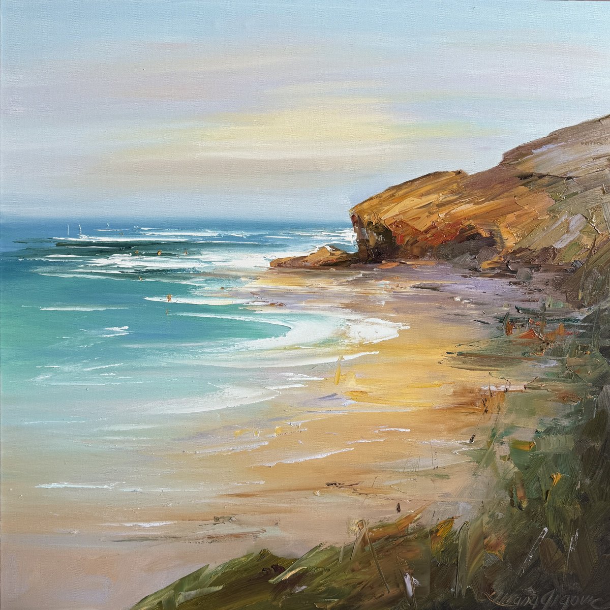 Impressionistic Landscape Oil Painting By Liliana Gigovic, 30 X 30", Sorrento Back Beach No 50, Original Artwork