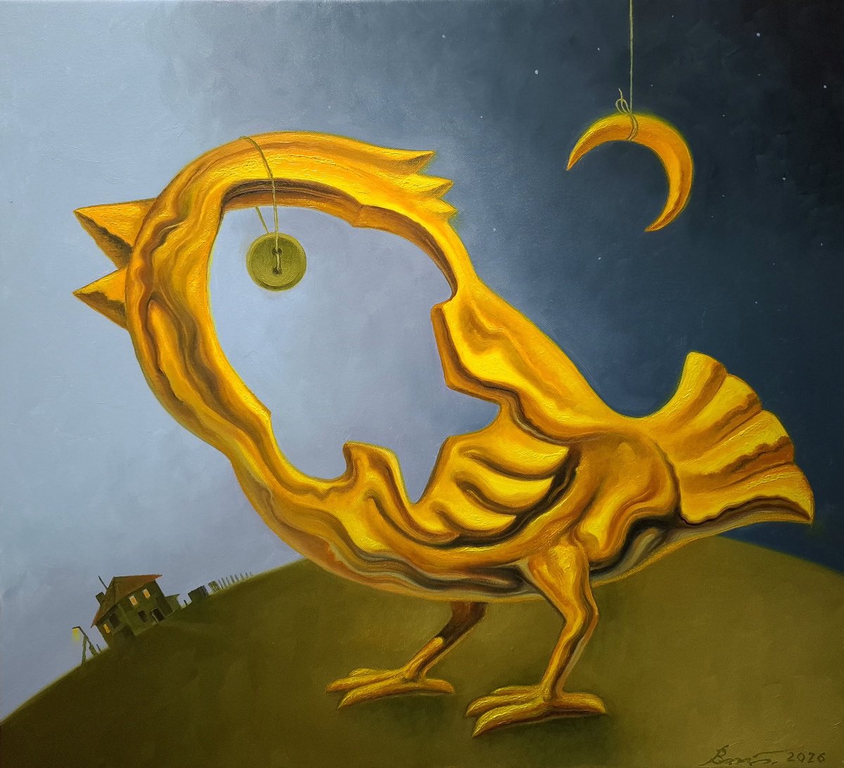 Surrealistic Oil Painting , Golden Bird By Serhii Voichenko, 24 X 22, Artwork For Sale On Artfinder