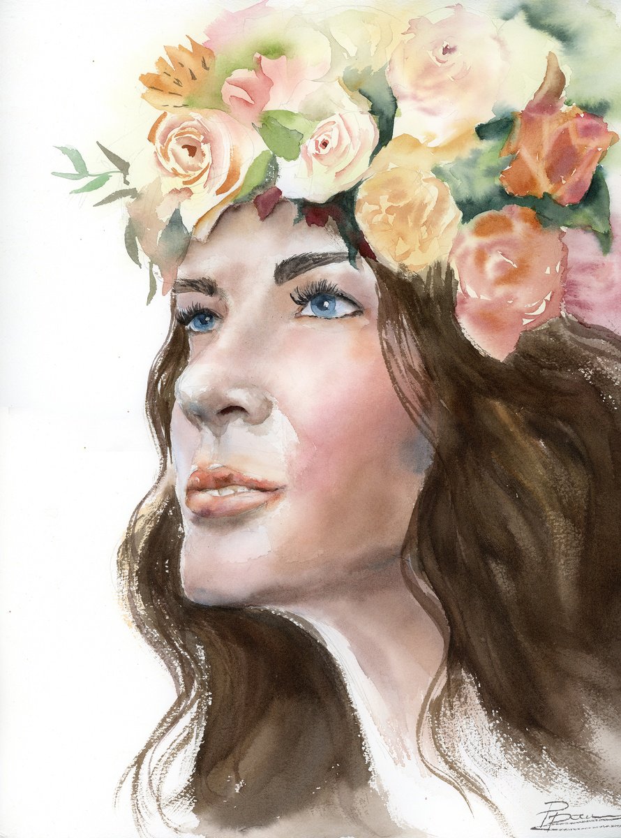 Illustrative Portrait Watercolour By Olga Tchefranov (Shefranov), 12 X 16", Floral Crown, Original Artwork