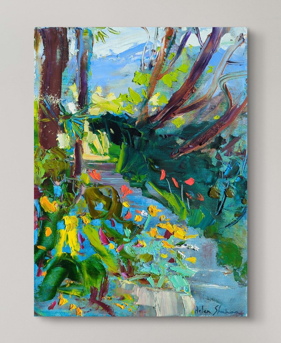 Impressionistic Landscape Oil Painting By Helen Shukina, 10 X 14, Steps To The Garden, Original Artwork