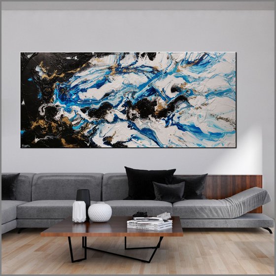 Cobalt Reign 270cm x 120cm Blue Black Gold Abstract Art