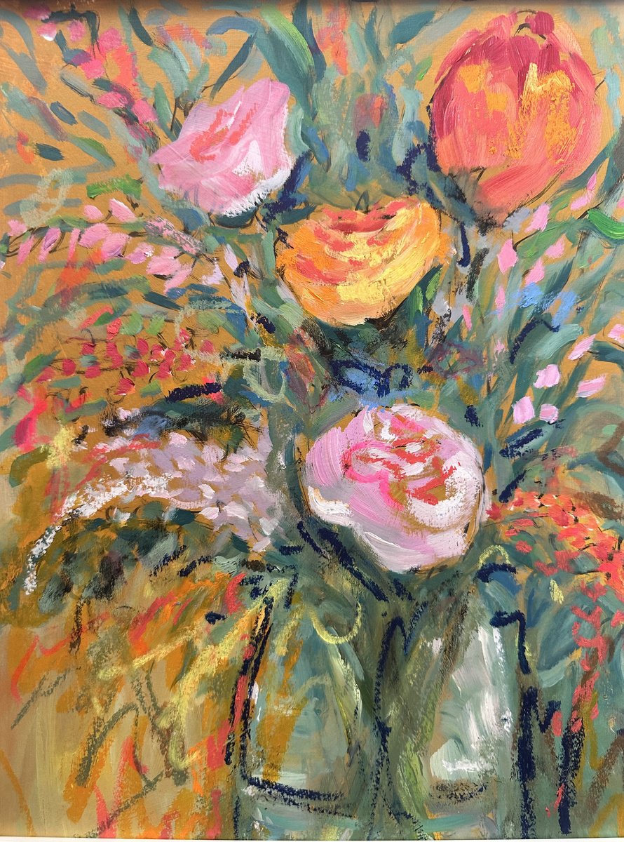 Impressionistic Botanical Oil Painting By Clare Hoath, 14 X 17, Rose Bouquet, Original Artwork