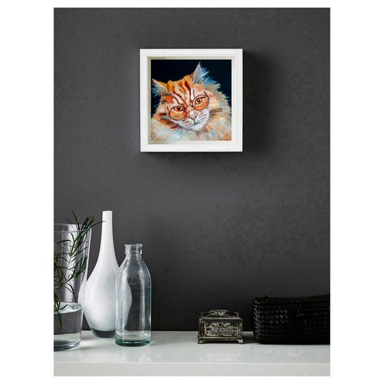 Learned Cat Oil Painting Ginger Artwork Original Pet Wall Art