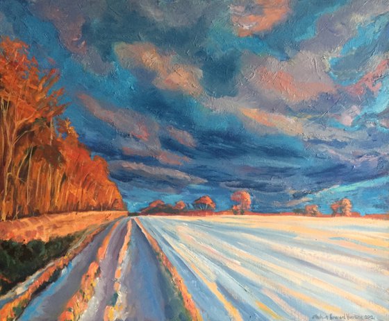 'Low Winter sun over snow covered fields, Fife'