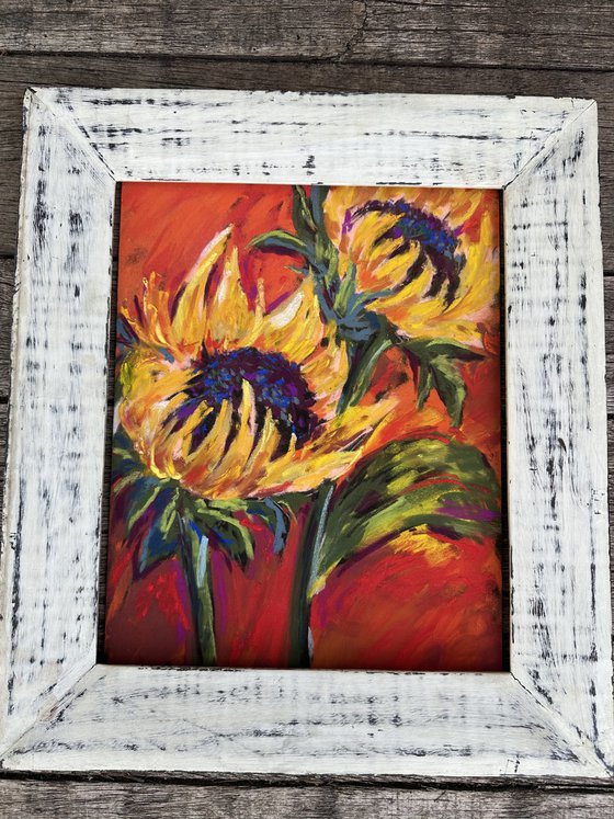 Sunflowers on a red background