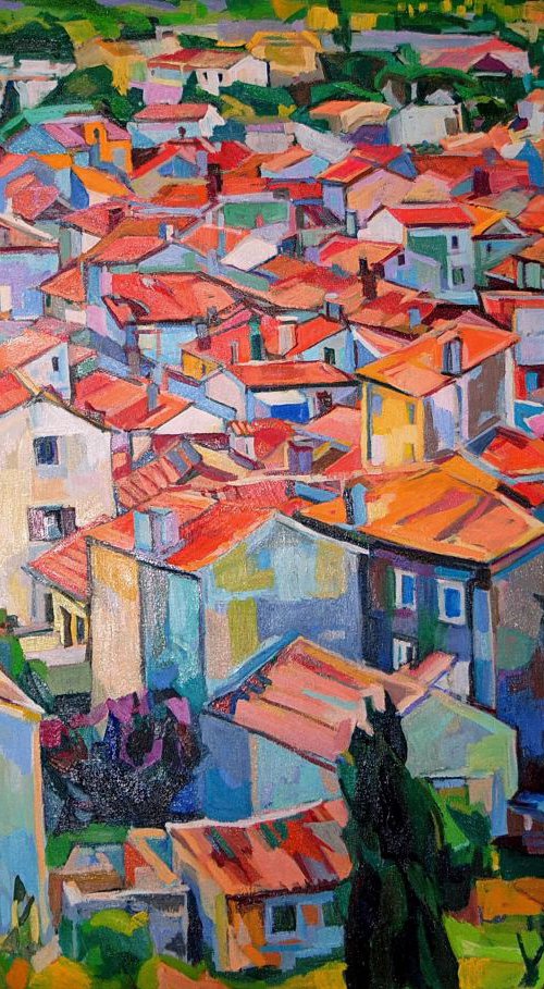 Cityscape Of Island Town ( 120 x 90 cm, Large oil painting  ) by Maja Đokić Mihajlović