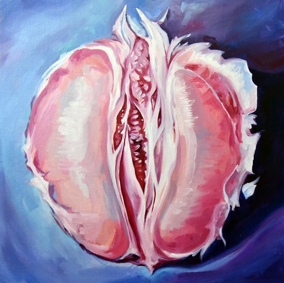 JUST GRAPEFRUIT _ oil on canvas, pink, erotic art, fruit, office decor, pop art, purple blue, nude