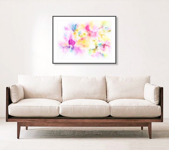 Abstract rainbow flowers, watercolor floral painting, art for bedroom