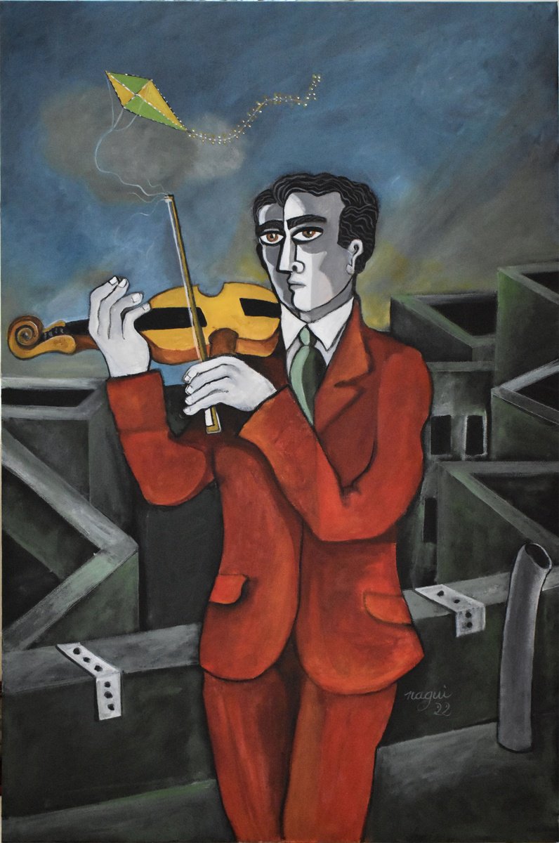 Expressive Portrait Acrylic Painting By Nagui, 24 X 36", The Rooftop Fiddler, Original Artwork