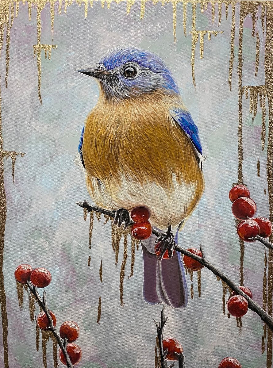 Bluebird on red berries by Elena Adele Dmitrenko